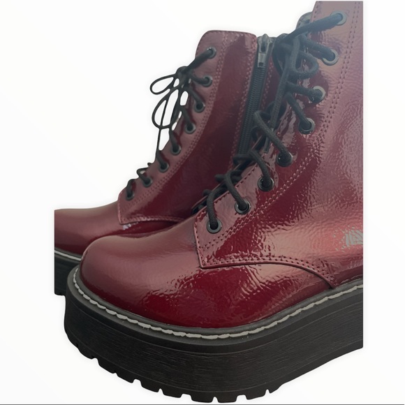 Burgundy Lace Up Platform Combat Boots - Picture 4 of 9